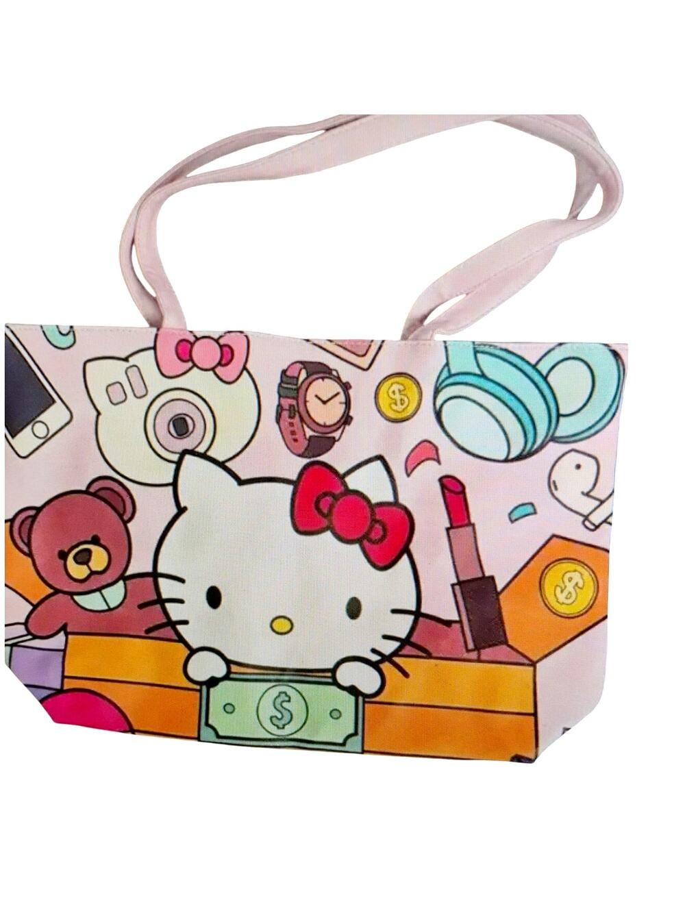 Hello Kitty Pink Tote Bag w Shopping Theme Graphic & Pink Handles